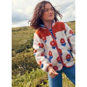 MINI BODEN Kids' Girls Zip Through Printed Fleece Oatmeal Flower Girls 6/7 GUC